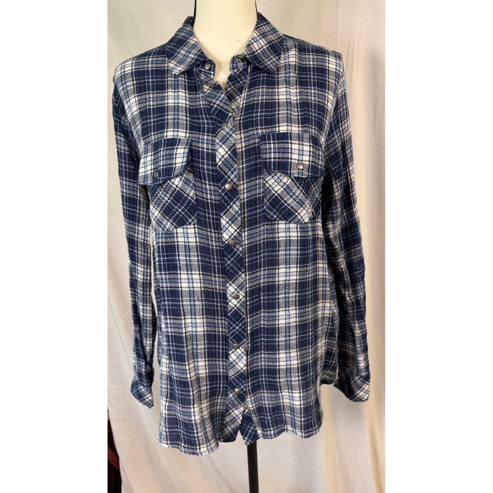 KUT from the Kloth Blue Western Ranch Snap Shirt Womens L Plaid Excellent Top - Picture 2 of 5